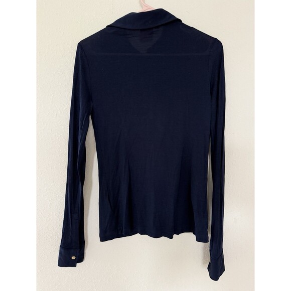 Tory Burch Silk Navy Gold Button Down Classic Top Quiet Luxury Timeless Size XS - Picture 2 of 7